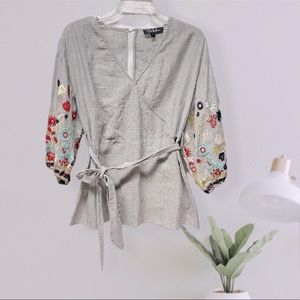 RD & Koko gray embroidered belted wrap blouse